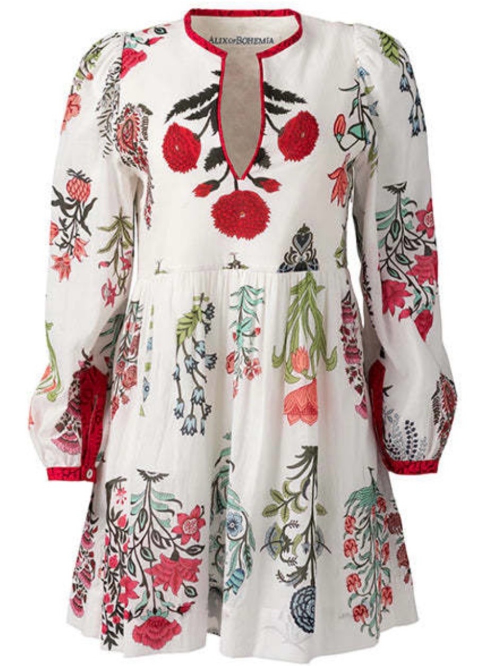 Alix Of Bohemia White Floral-Print Long Sleeve Mini Dress with Red Trim - Picture 4 of 7